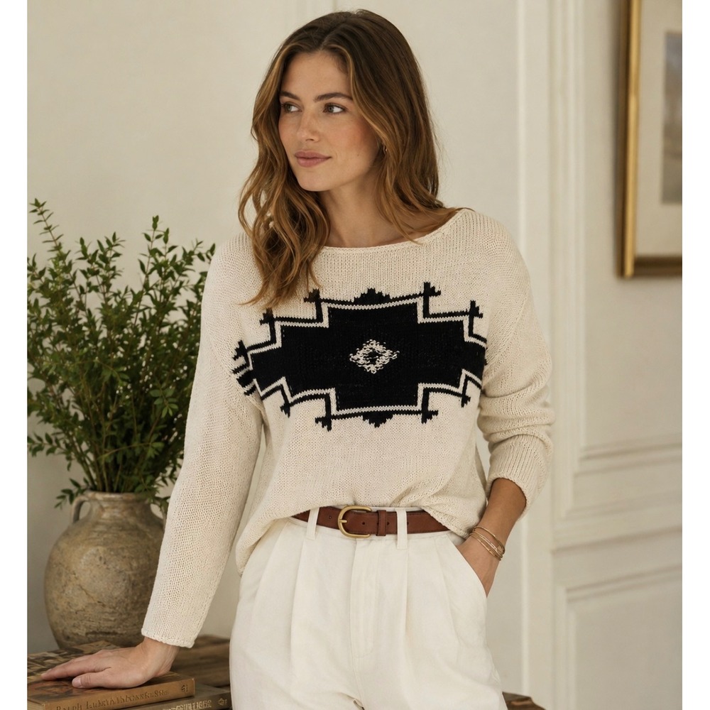 Lauren Ralph Lauren Southwestern Cotton Knit Sweater Cream Black Large